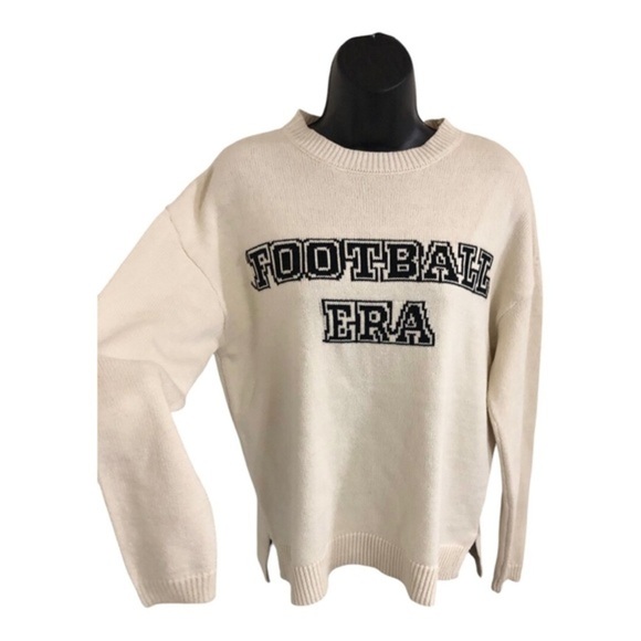 Jessica Simpson cream ribbed expose stitch Football Era embroidered sweater szXS - Picture 1 of 11
